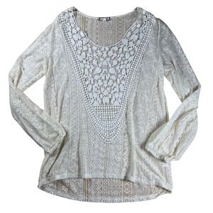 Eye‎ Shadow Womens Lace Long Sleeve Top Size L Ivory Boho Bohemian Casual